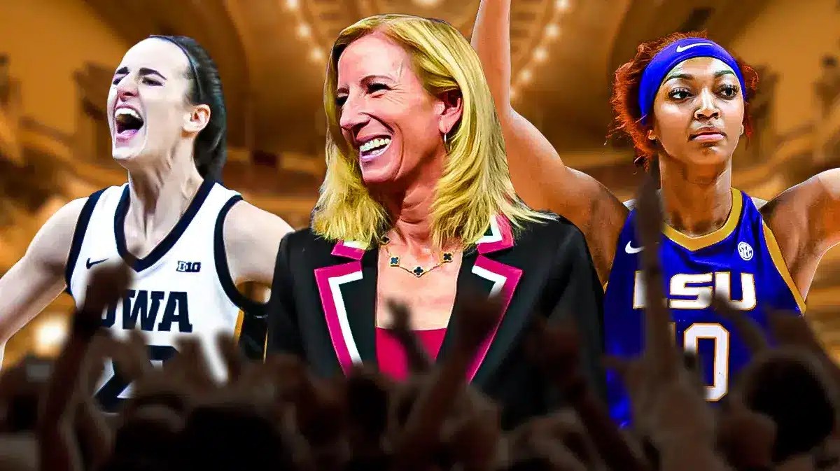 Iowa's Caitlin Clark, WNBA commissioner Cathy Engelbart and LSU's Angel Reese
