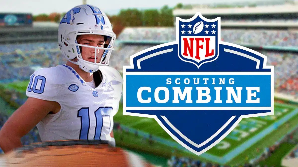 North Carolina football, Tar Heels, Drake Maye, Drake Maye NFL Combine, NFL Combine, Drake Maye in North Carolina uni and NFL combine logo with North Carolina football stadium in the background