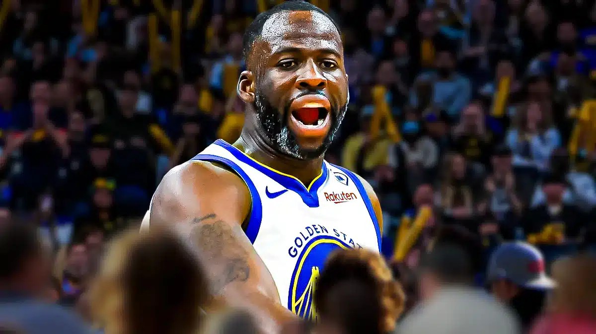 Warriors, Draymond Green, Draymond Green fouls, Draymond Green suspensions, Draymond Green Warriors, Draymond Green in Warriors uni with Warriors arena in the background