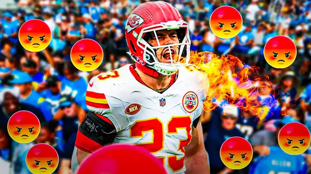 Drue Tranquill on one side breathing fire, a bunch of Los Angeles Chargers fans on the other side with angry emojis around them