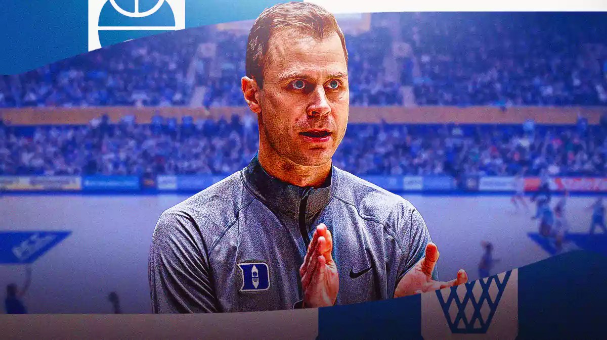 Jon Scheyer with the Duke Blue Devils arena in the background, Miami