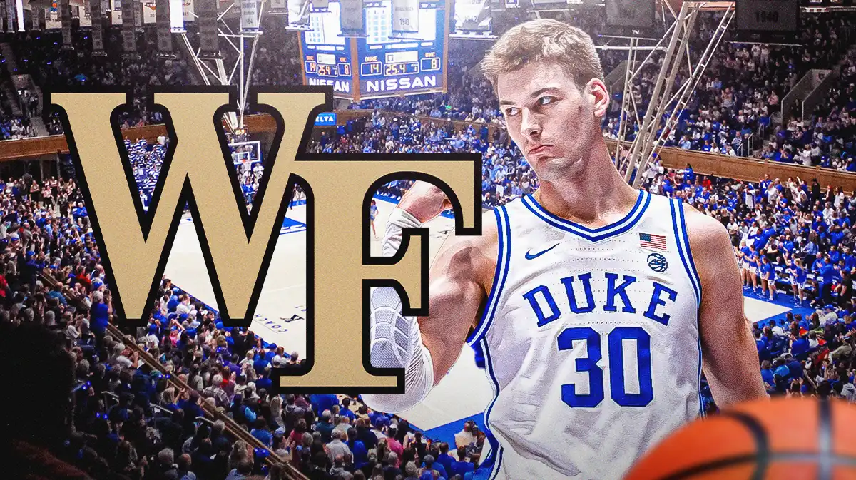Duke basketball, Wake Forest basketball, Blue Devils, Demon Deacons, Kyle Filipowski, Kyle Filipowski and Wake Forest logo with Duke basketball arena in the background