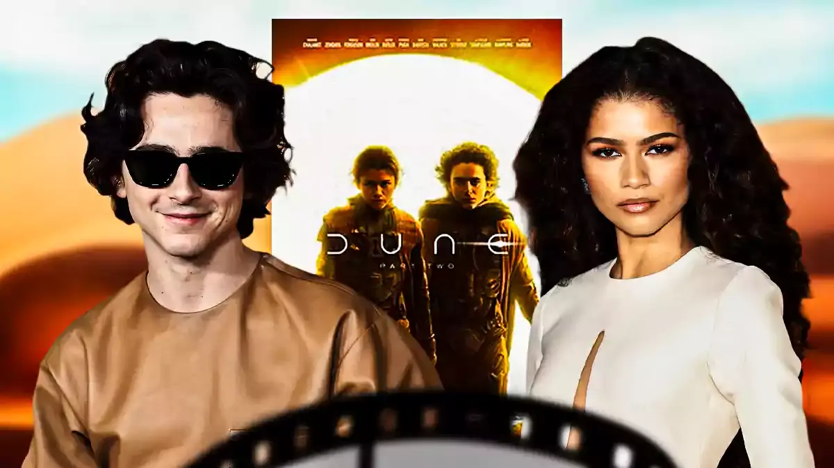 Timothée Chalamet and Zendaya with the Dune: Part Two poster and sand background.