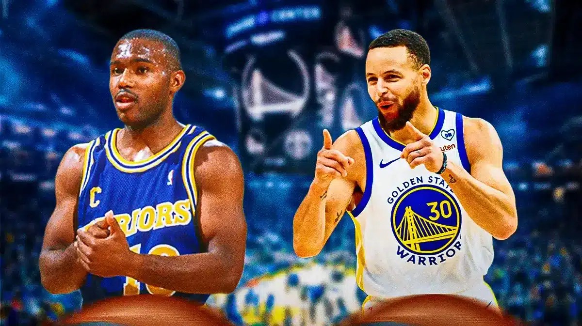 Tim Hardaway smiling in a Warriors jersey next to Steph Curry in a Warriors jersey