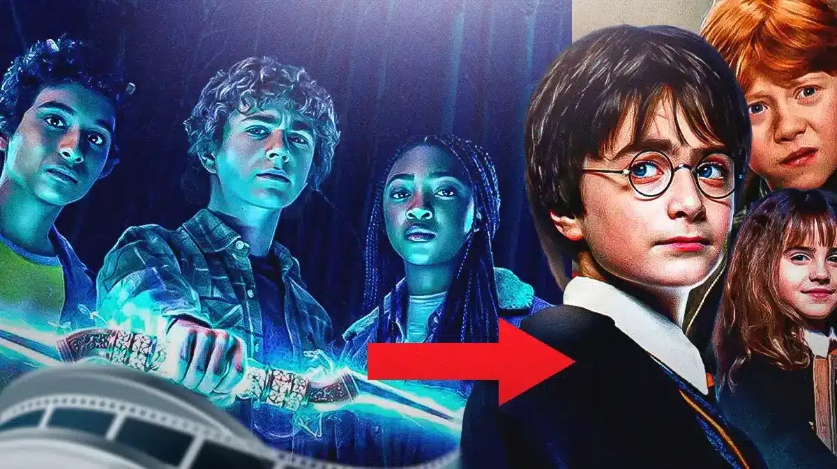 Percy Jackson and the Olympians poster including Aryan Simhadri with arrow pointing toward Harry Potter stars.