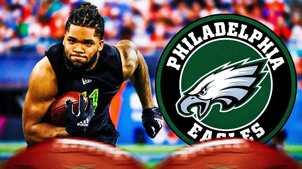 Ty Davis-Price running with the football. Philadelphia Eagles logo next to him