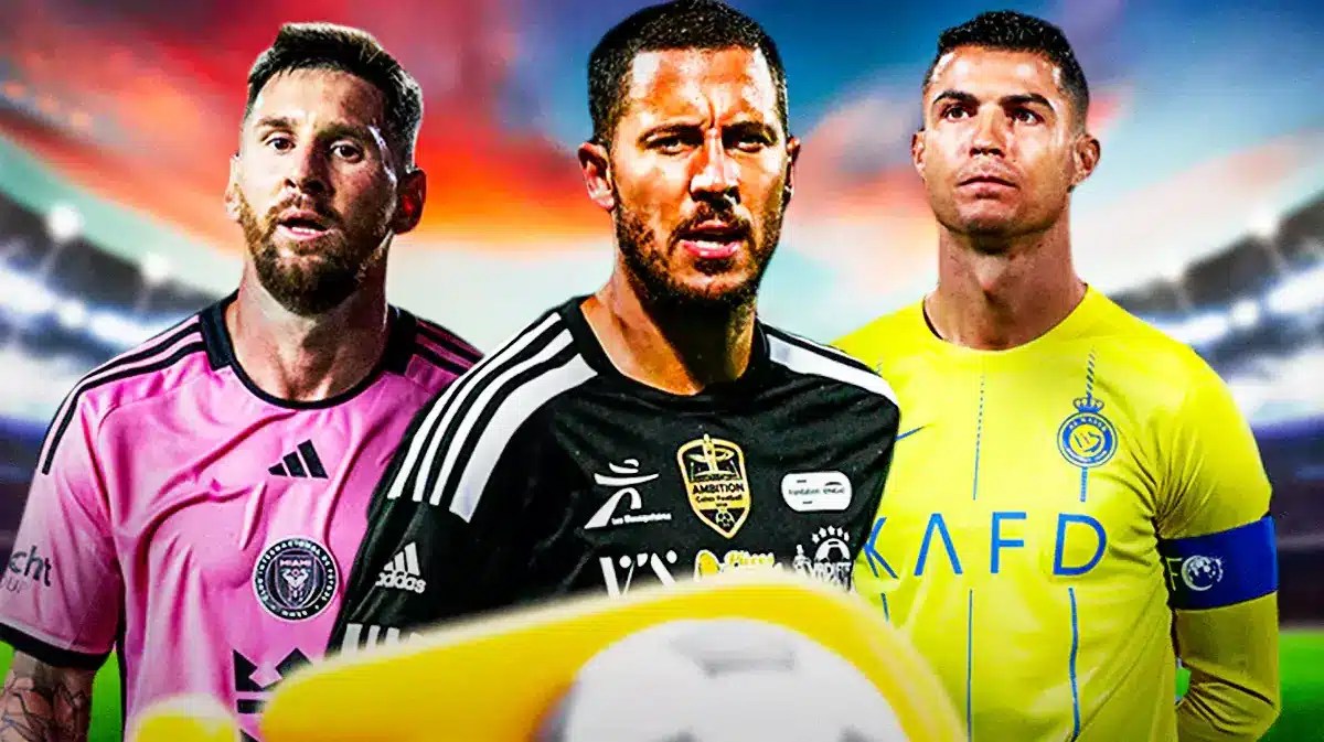 Eden Hazard in the middle, Lionel Messi and Cristiano Ronaldo on the sides, a big goat head behind them