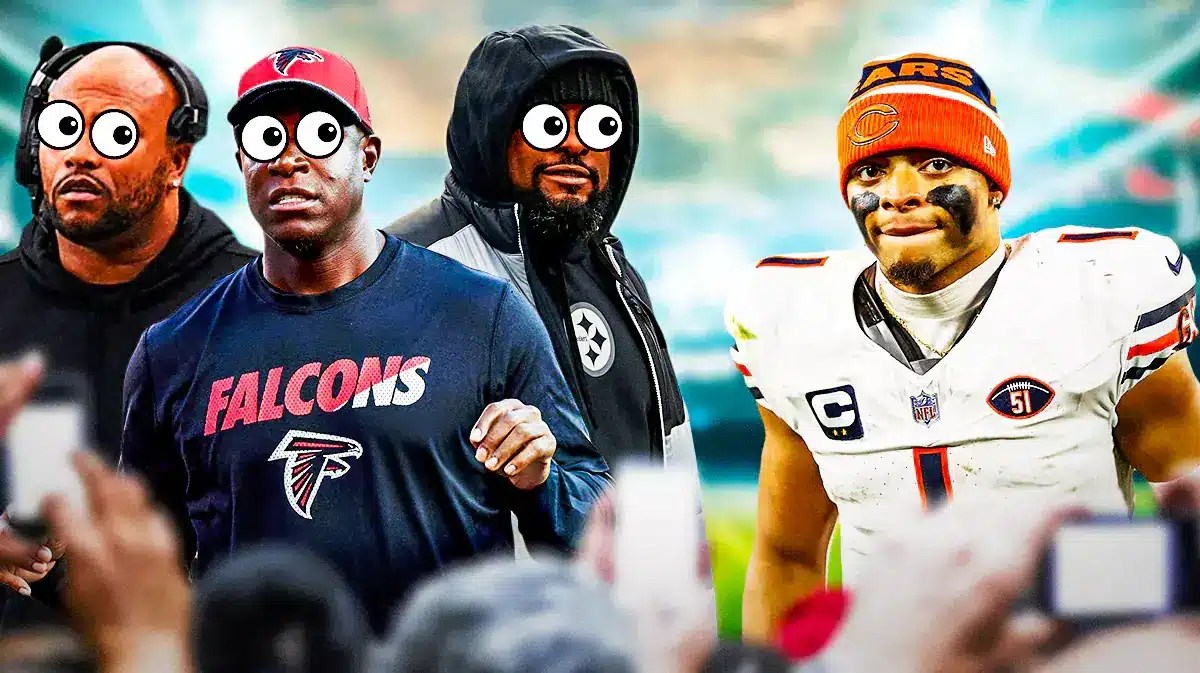Mike Tomlin, Raheem Morris and Antonio Pierce looking at Justin Fields.