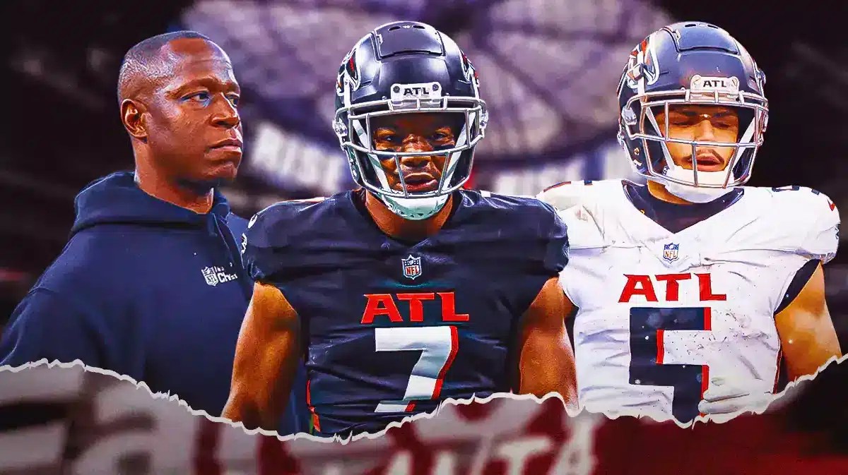 New Atlanta Falcons head coach Raheem Morris with Drake London and Bijan Robinson
