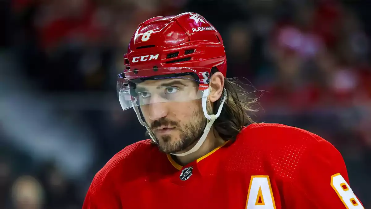 Calgary Flames defenseman Chris Tanev (8) against the Los Angeles Kings during the first period at Scotiabank Saddledome.