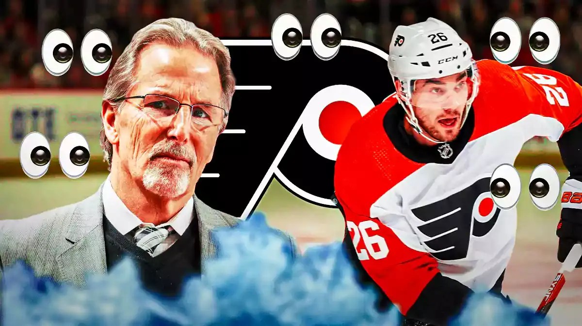 John Tortorella on one side, Sean Walker on other side, PHI Flyers logo in middle, 3-5 eyes emojis, hockey rink in background