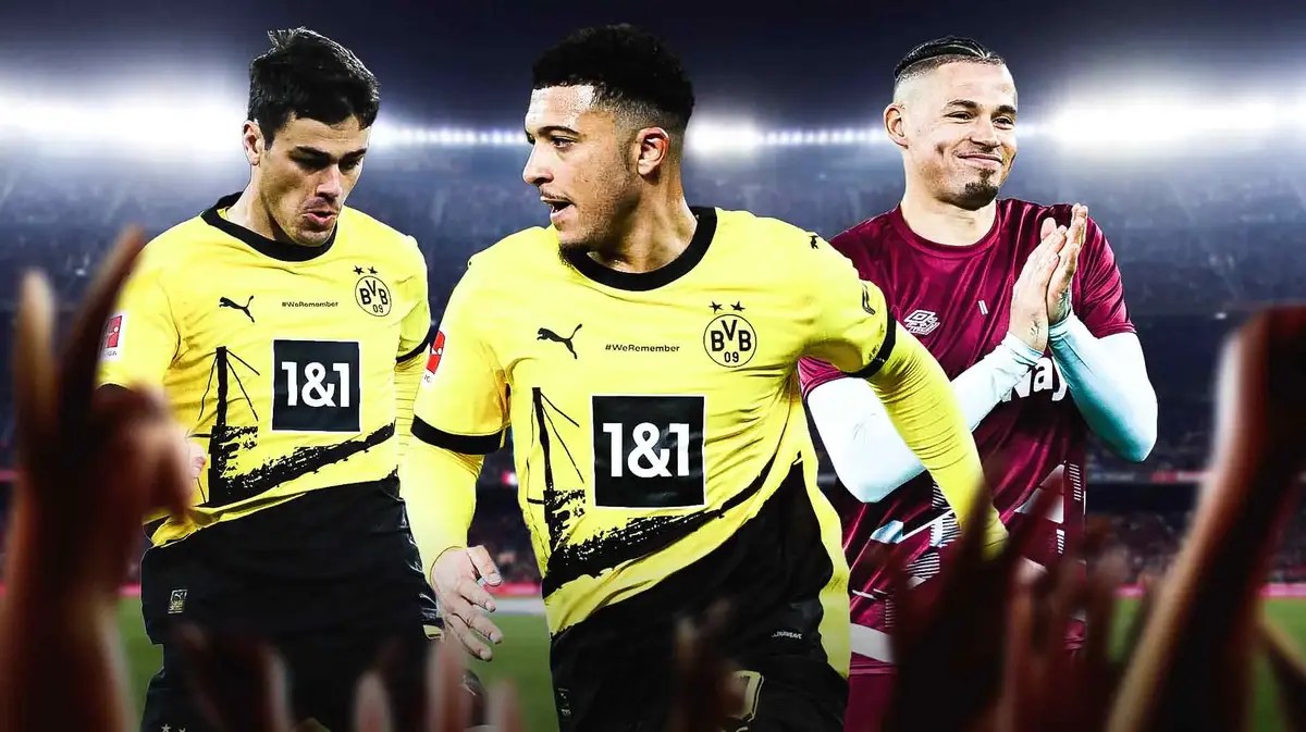 Jadon Sancho, Gio Reyna, Kalvin Phillips on a football field transfer window