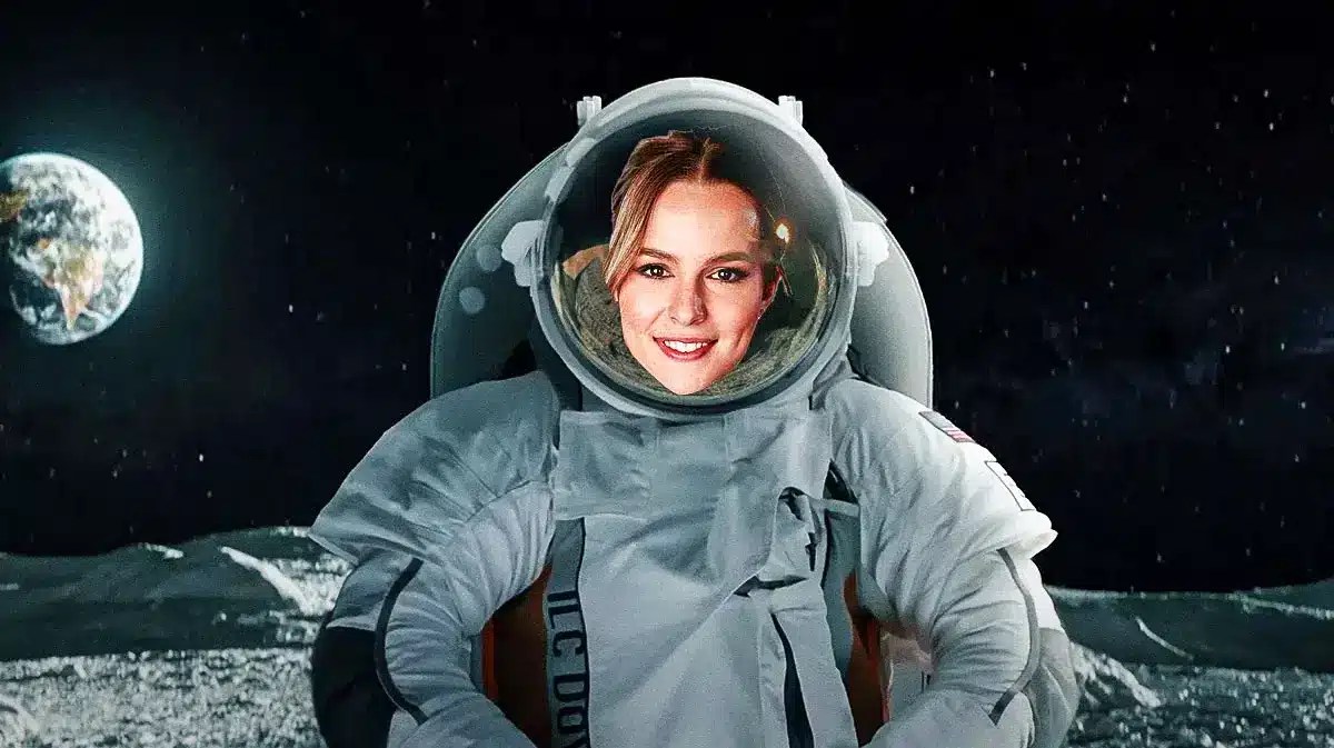 A pic of Bridgit Mendler’s face in an astronaut suit floating in space