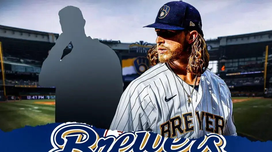 David Stearns as a silhouette. Josh Hader in a Brewers uniform. Brewers stadium in background