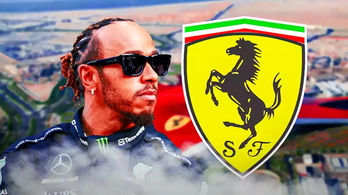 Lewis Hamilton in front of the Ferrari logo