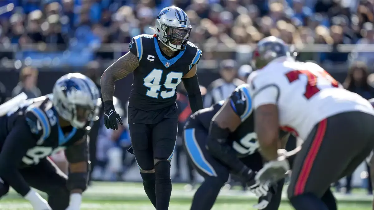 Carolina Panthers linebacker Frankie Luvu (49) looks over the Tampa Bay Buccaneers offense during the first quarter at Bank of America Stadium. 