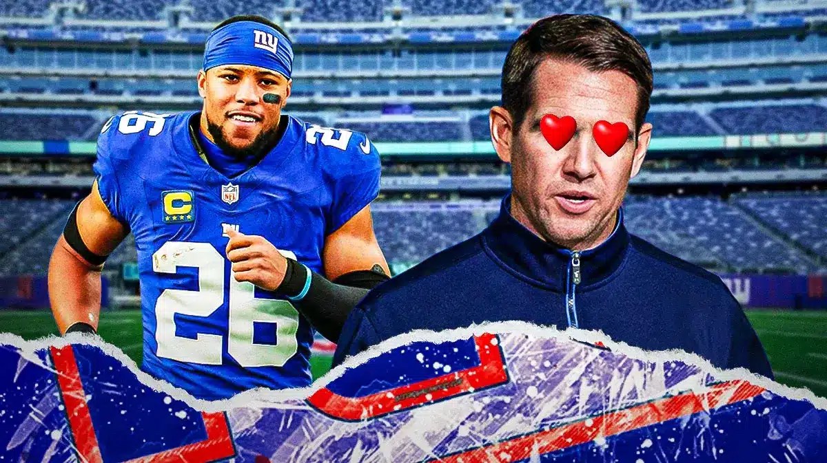 Giants GM Joe Schoen with heart emoji eyes looking at Saquon Barkley