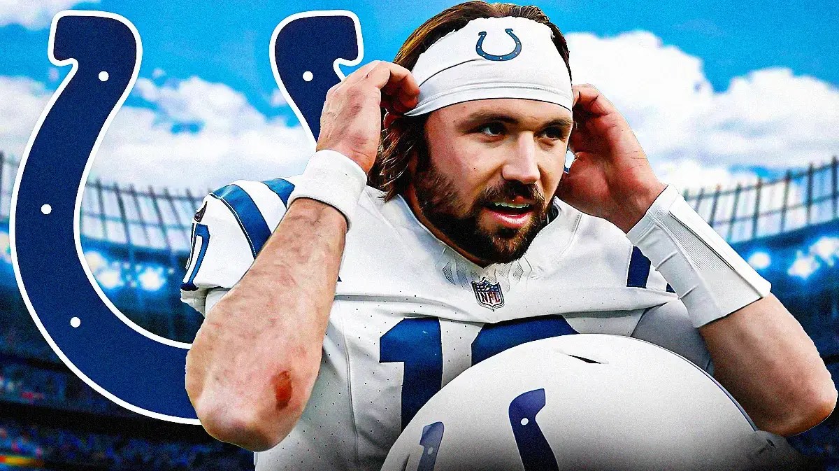 Photo: Gardner Minshew in Colts uniform with Colts logo in the back