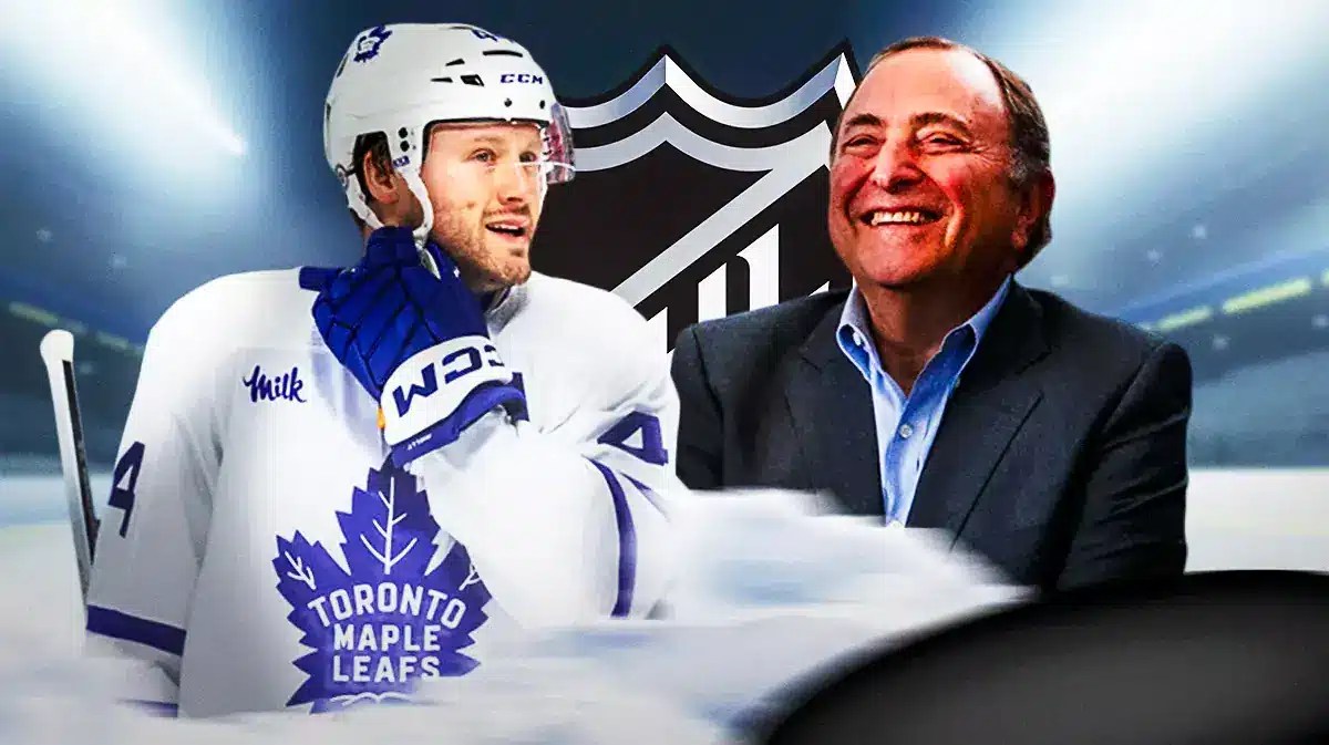 Gary Bettman, Morgan Rielly. NHL logo in background