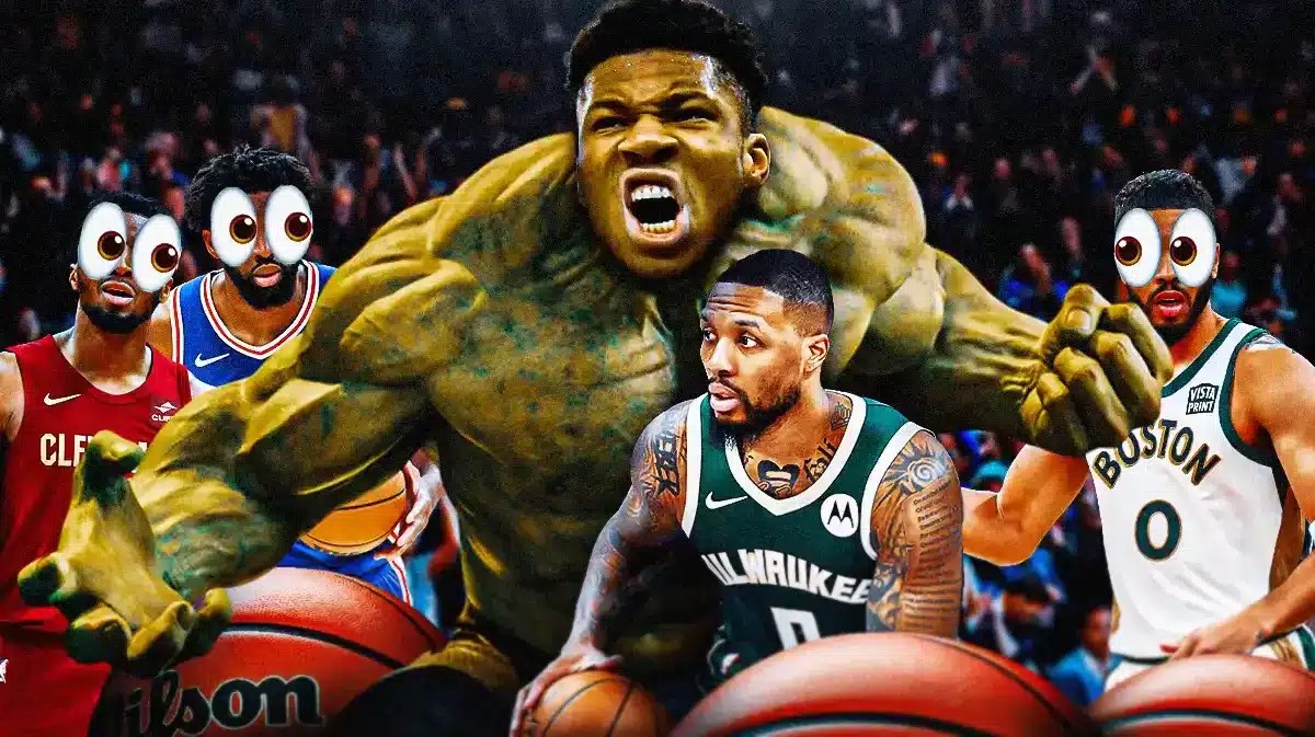 Photo: Giannis Antetokounmpo as the Hulk, Damian Lillard beside him in action in Bucks jersey, Jayson Tatum, Joel Embiid, Donovan Mitchell in background with peeping eyes