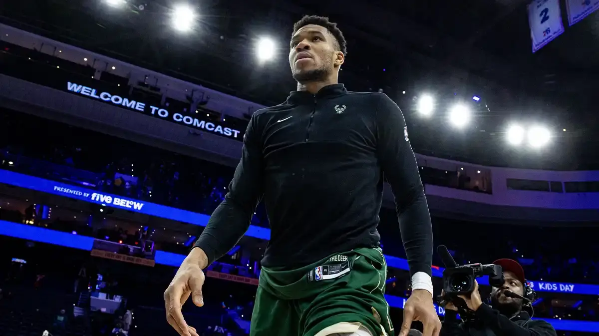 Milwaukee Bucks forward Giannis Antetokounmpo (34) walks off the court after a victory against the Philadelphia 76ers at Wells Fargo Center