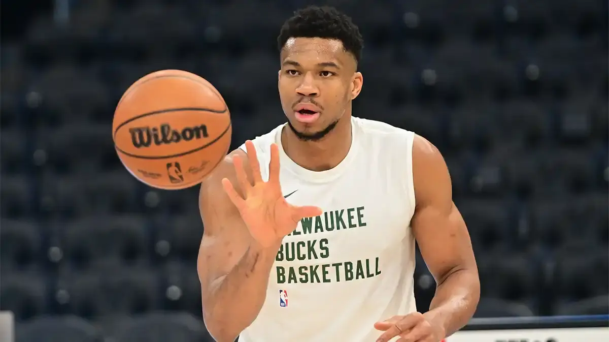 Milwaukee Bucks forward Giannis Antetokounmpo (34) warms up before a game against the Denver Nuggets at Fiserv Forum