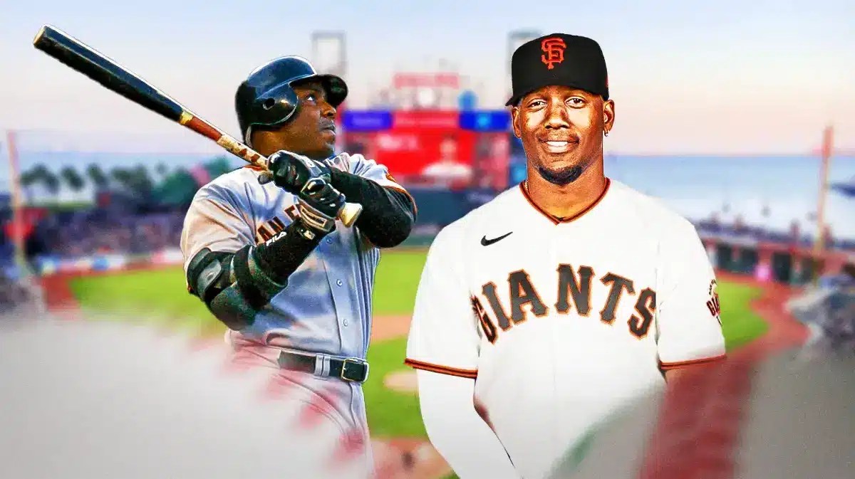 Jorge Soler in an SF Giants uniform on right. Giants' Barry Bonds swinging a bat on left. Oracle Park in background.