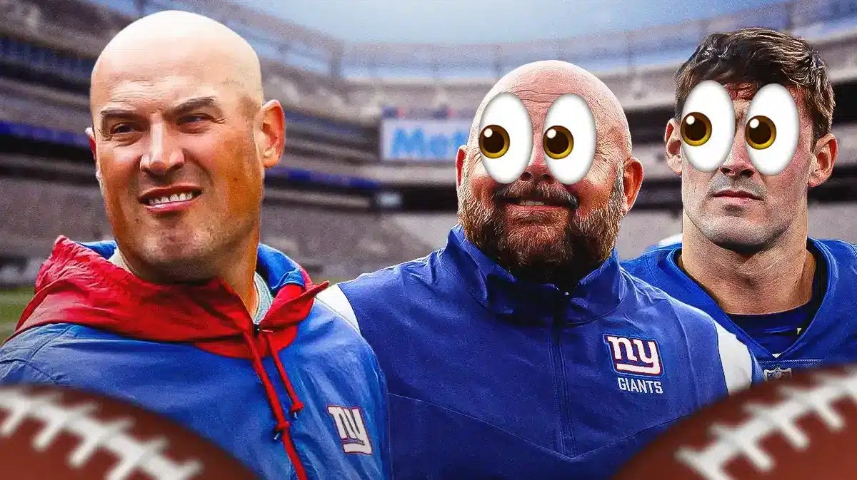 Mika Kafka on one side, Brian Daboll and Daniel Jones on the other side with the big eyes emoji over their faces