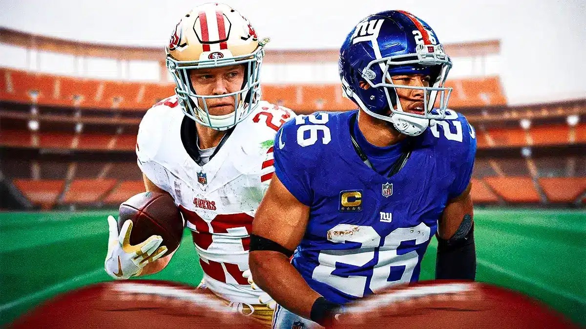 Photo: Saquon Barkley in Giants uniform with Chirtsian McCaffrey in 49ers uniform