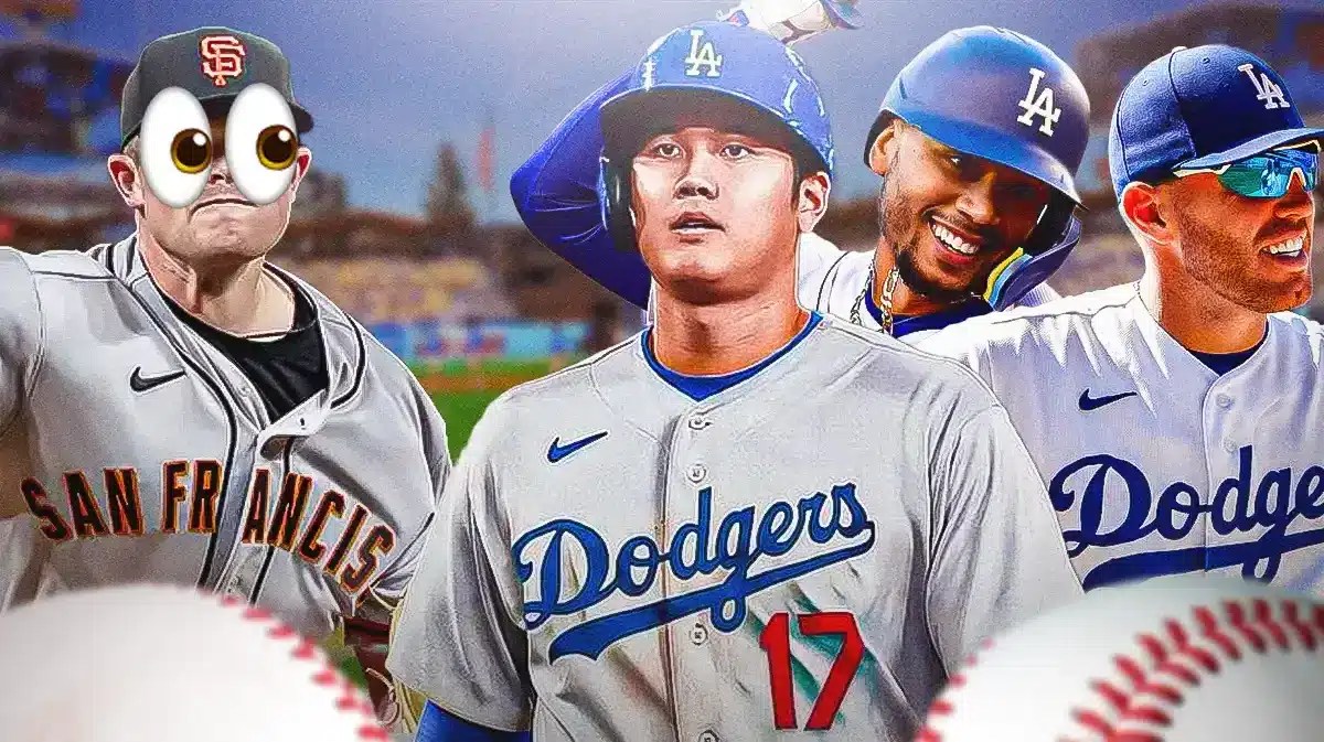 On left, Giants' Logan Webb with eyes popping out. Have him looking at Dodgers' Shohei Ohtani, Dodgers' Mookie Betts, Dodgers' Freddie Freeman. Place the Dodgers players on the right, with Ohtani in front.