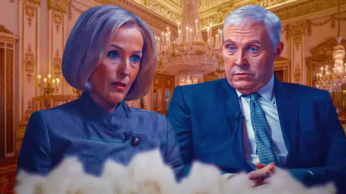 Gillian Anderson as Emily Maitlis on the left, Rufus Sewell as Prince Andrew on the right