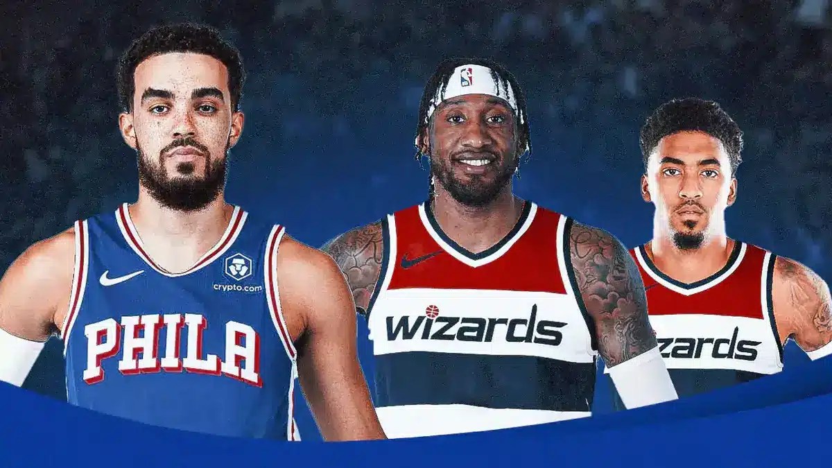 Tyus Jones in 76ers jersey, Robert Covington, Kenyon Martin Jr. in Wizards jersey