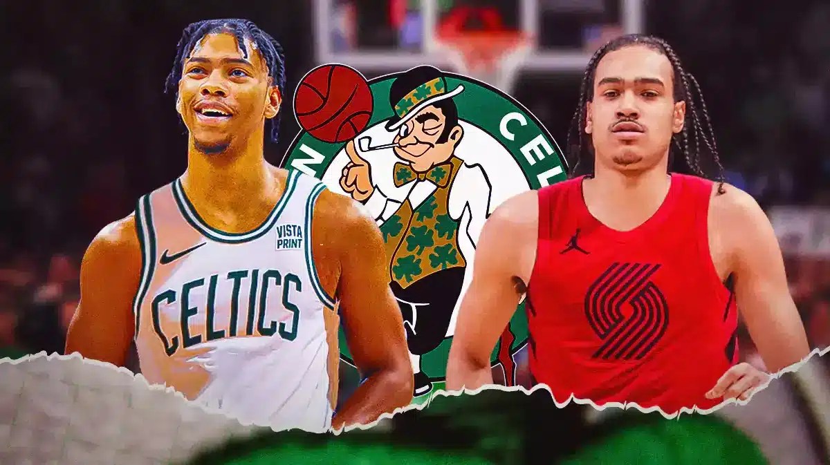 Jaden Springer in a Celtics jersey and Dalanto Blanton in a Trail Blazers jersey with a Celtics logo between them at TD Garden