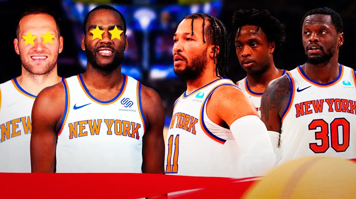 Knicks' Jalen Brunson, Julius Randle, OG Anunoby with Alec Burks and Bojan Bogdanovic with stars in eyes