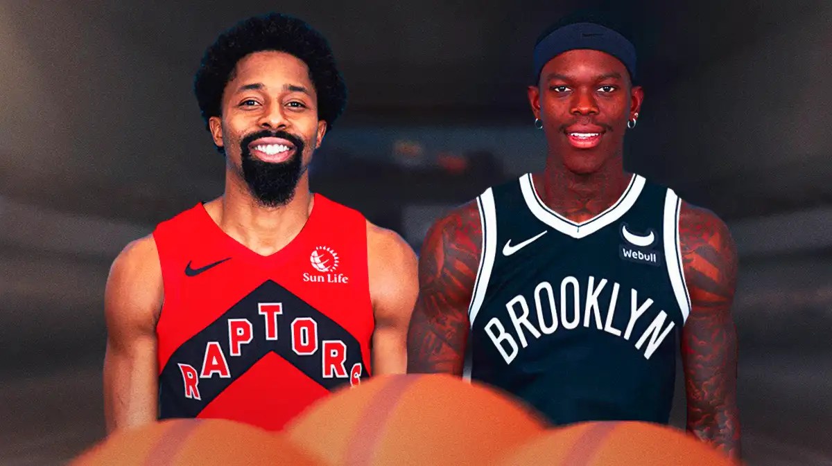Spencer Dinwiddie in a Raptors jersey, Dennis Schroder in a Nets jersey