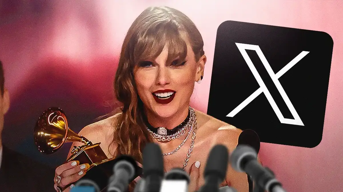 Taylor Swift with an X logo.