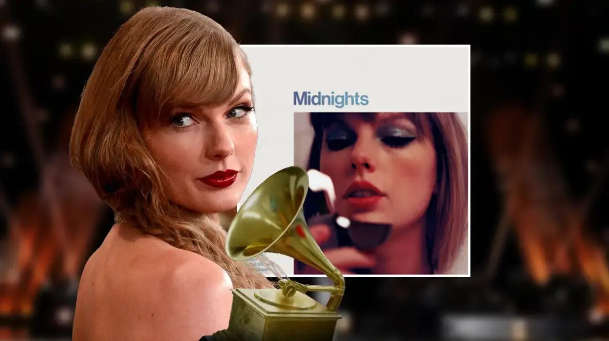 Taylor Swift next to Grammys trophy and Midnights album cover.