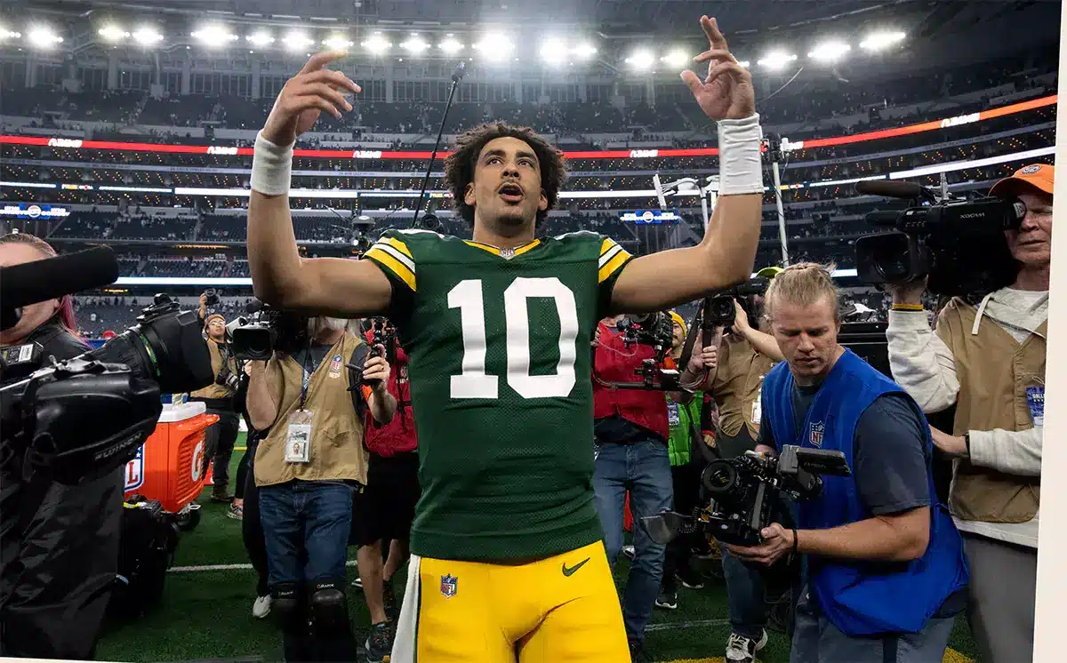 Green Bay Packers quarterback Jordan Love (10) leaves the field after their wild card playoff game Sunday, January 14, 2024 at AT&T Stadium in Arlington, Texas. The Green Bay Packer beat the Dallas Cowboys 48-32.
