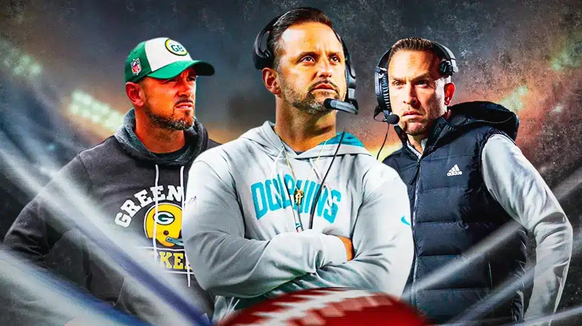 Packers coach Matt LaFleur and Jeff Hafley looking at Dolphins coach Anthony Campanile.