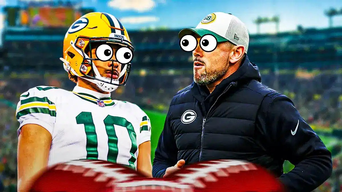 Jordan Love next to Matt LaFleur with their eyes popping out