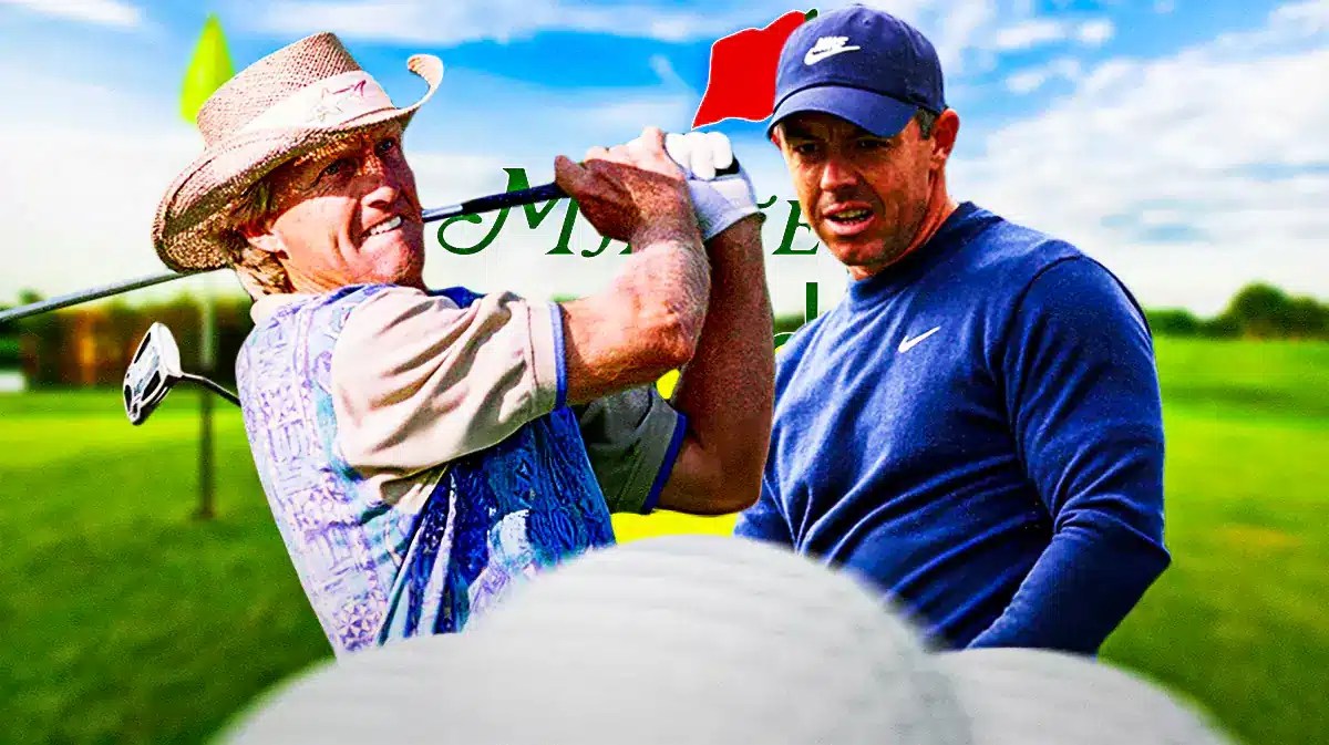 Greg Norman next to Rory McIlroy. Masters logo in background