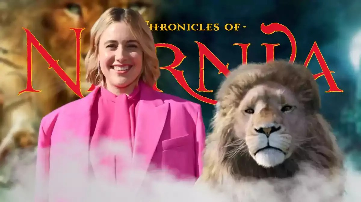 Greta Gerwig with Chronicles of Narnia and logo and Aslan.
