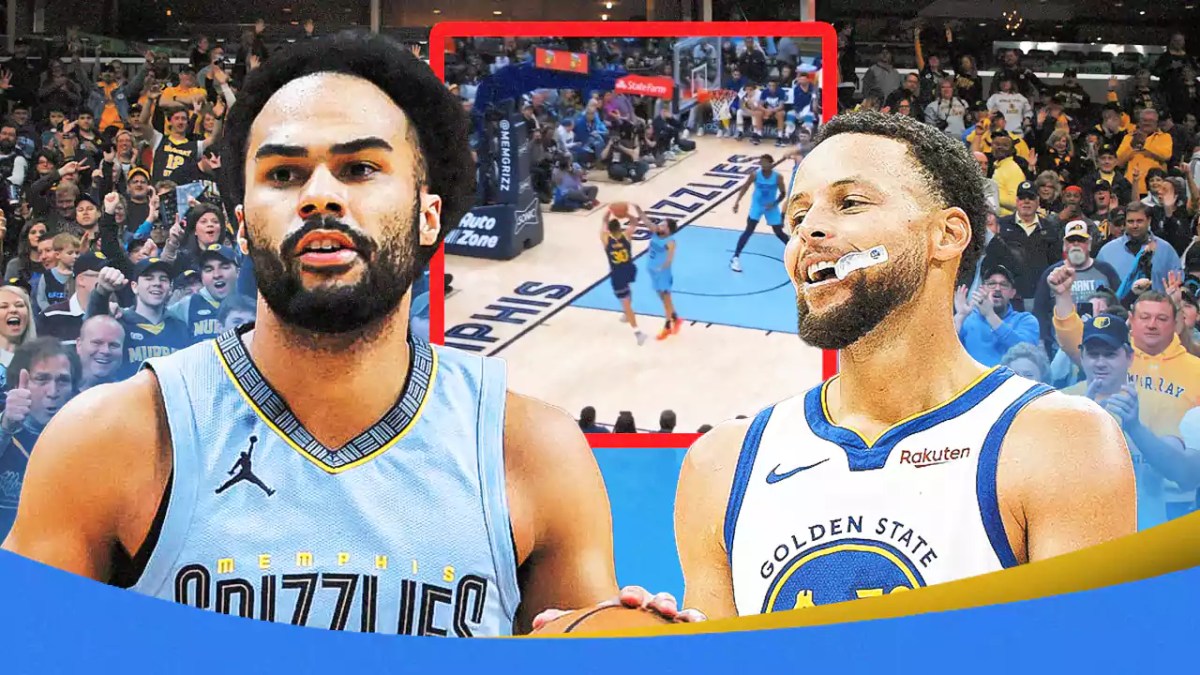 Stephen Curry alongside Jacob Gilyard with the Grizzlies arena in the background, Warriors