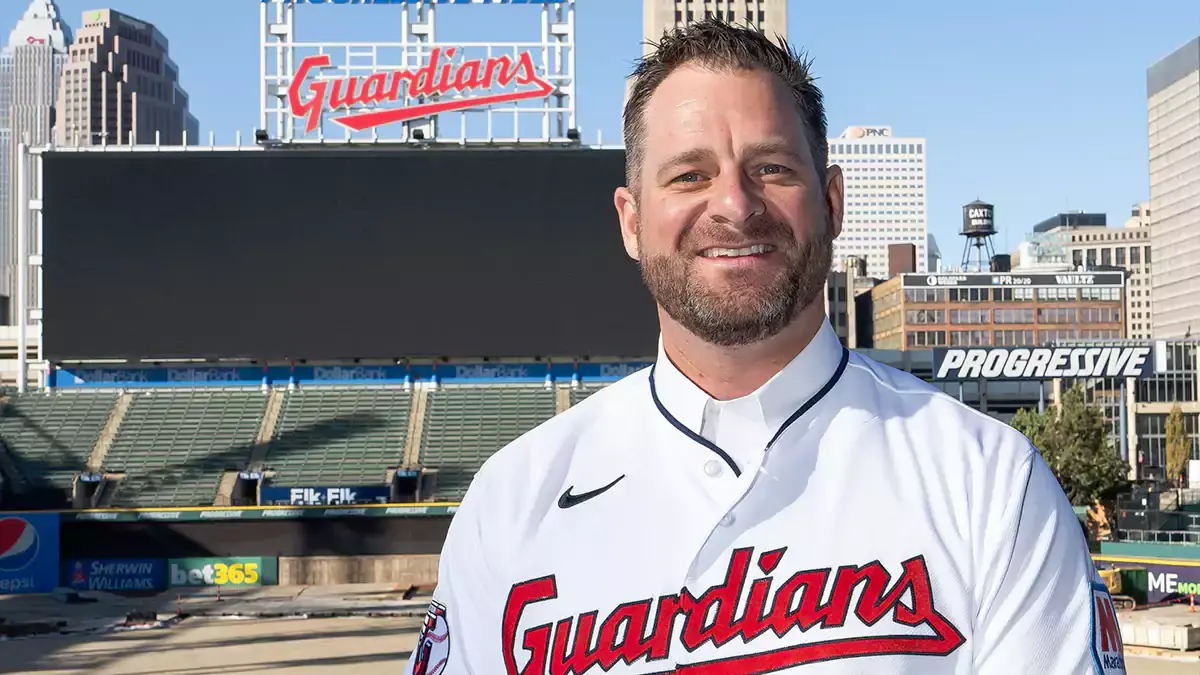 Cleveland Guardians manager Stephen Vogt poses for a photo after an introductory press conference at Progressive Field.