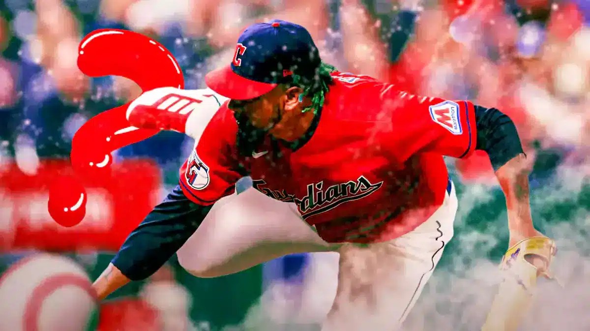 Guardians' Emmanuel Clase pitching a baseball at Progressive Field. Place question marks in image.