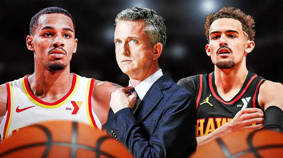 Bill Simmons in the middle, with heads of Hawks' Trae Young and Dejounte Murray in the middle with question marks all over