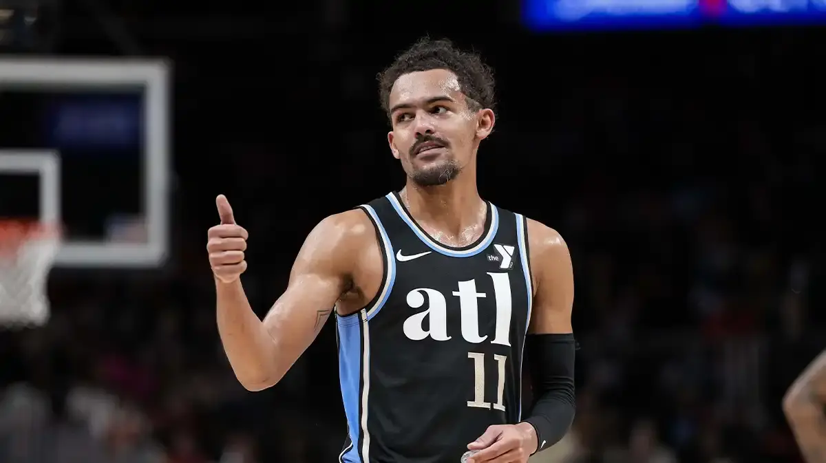 Atlanta Hawks guard Trae Young (11) gestures after being called for a technical foul against the Chicago Bulls during the second half at State Farm Arena.