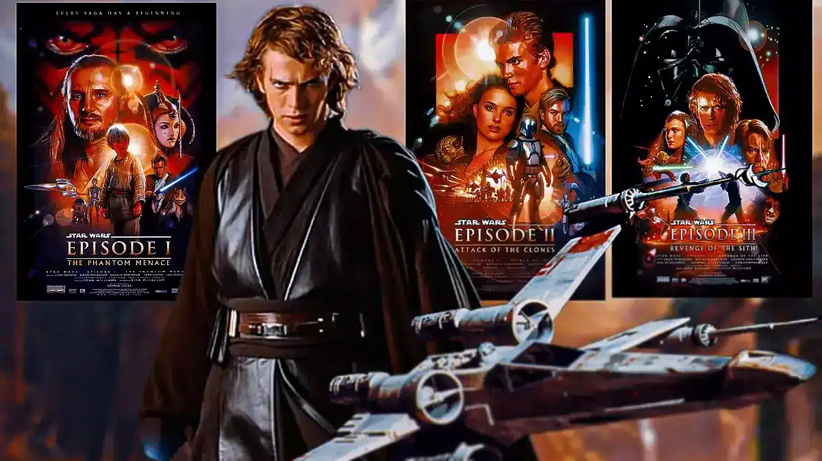 Hayden Christensen as Star Wars Anakin Skywalker with posters of The Phantom Menace, Attack of the Clones, and Revenge of the Sith.