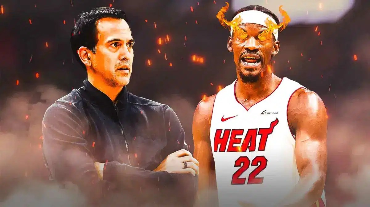 Miami Heat star Jimmy Butler with fire in his eyes with head coach Erik Spoelstra in front of the Kaseya Center.