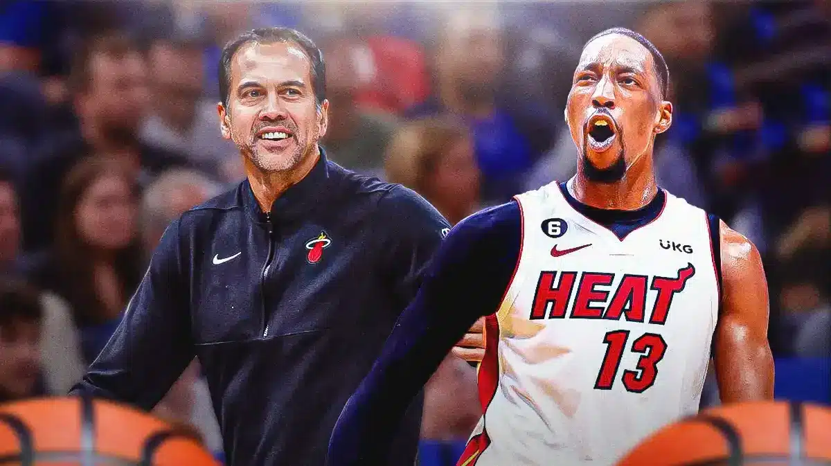Miami Heat head coach Erik Spoelstra and star Bam Adebayo in front of the Kaseya Center.